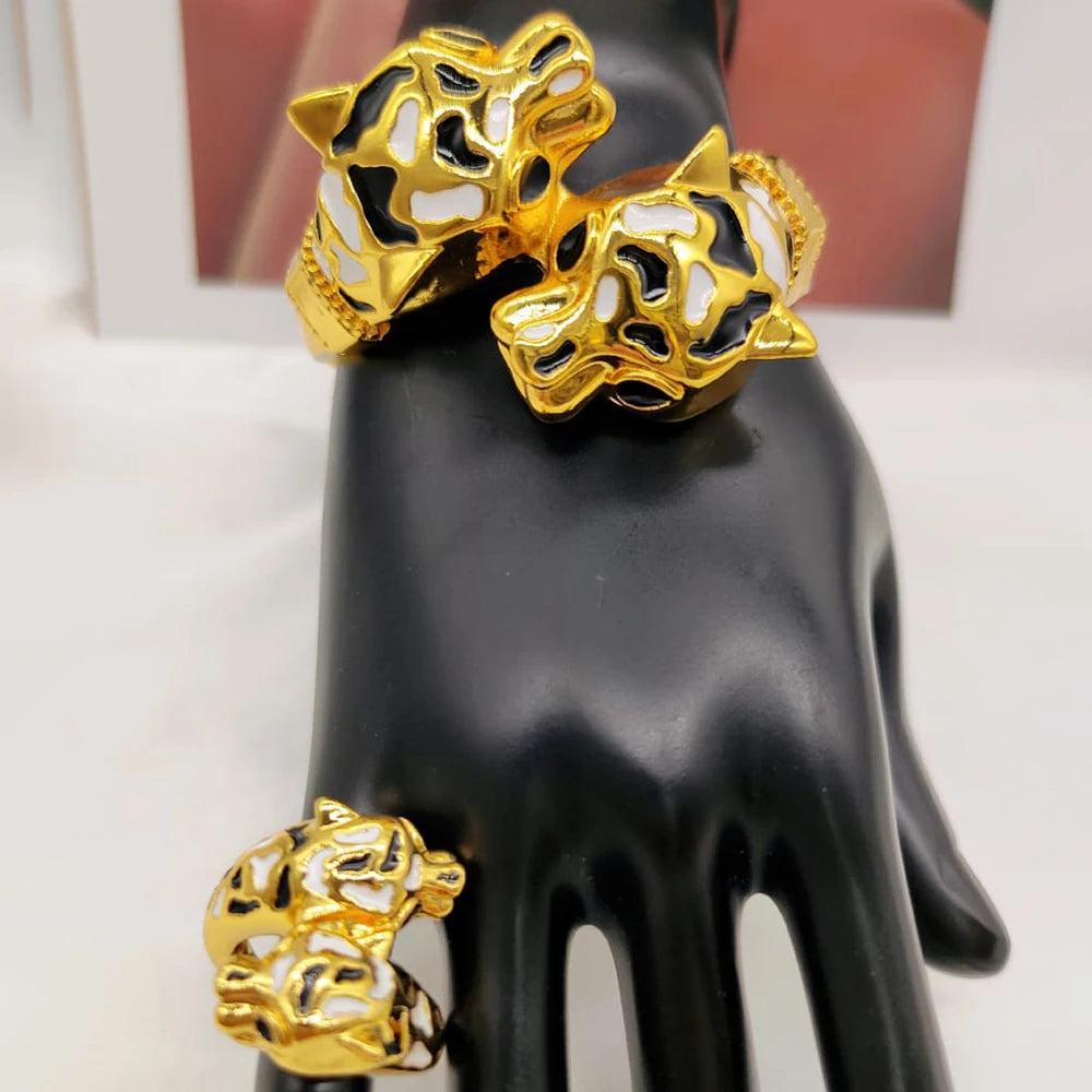 cmoonry 2025 Trendy Gold Color Leopard Bangles Rings For Women Luxury AAA Cubic Zirconia Inlay Copper Jewelry Accessories