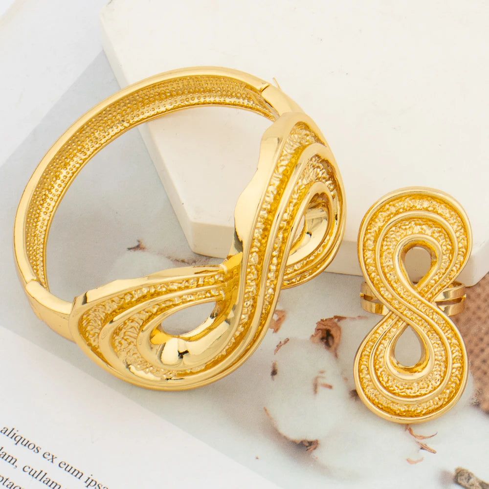 Dubai Bangle with Ring Set for Women New Design Gold Plated Hand Bracelet with Finger Ring Set Wedding Party Jewelry Engagement