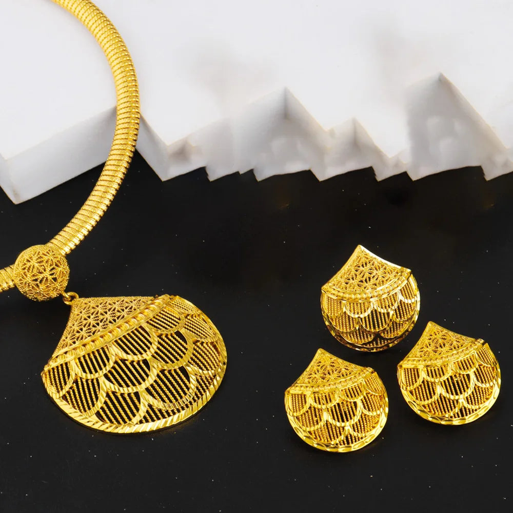 Gold plated Jewelry Set India Dubai Jewelry Gold Geometry Necklace Earrings Ring  for Nigerian Wedding Bridal Holiday Gift