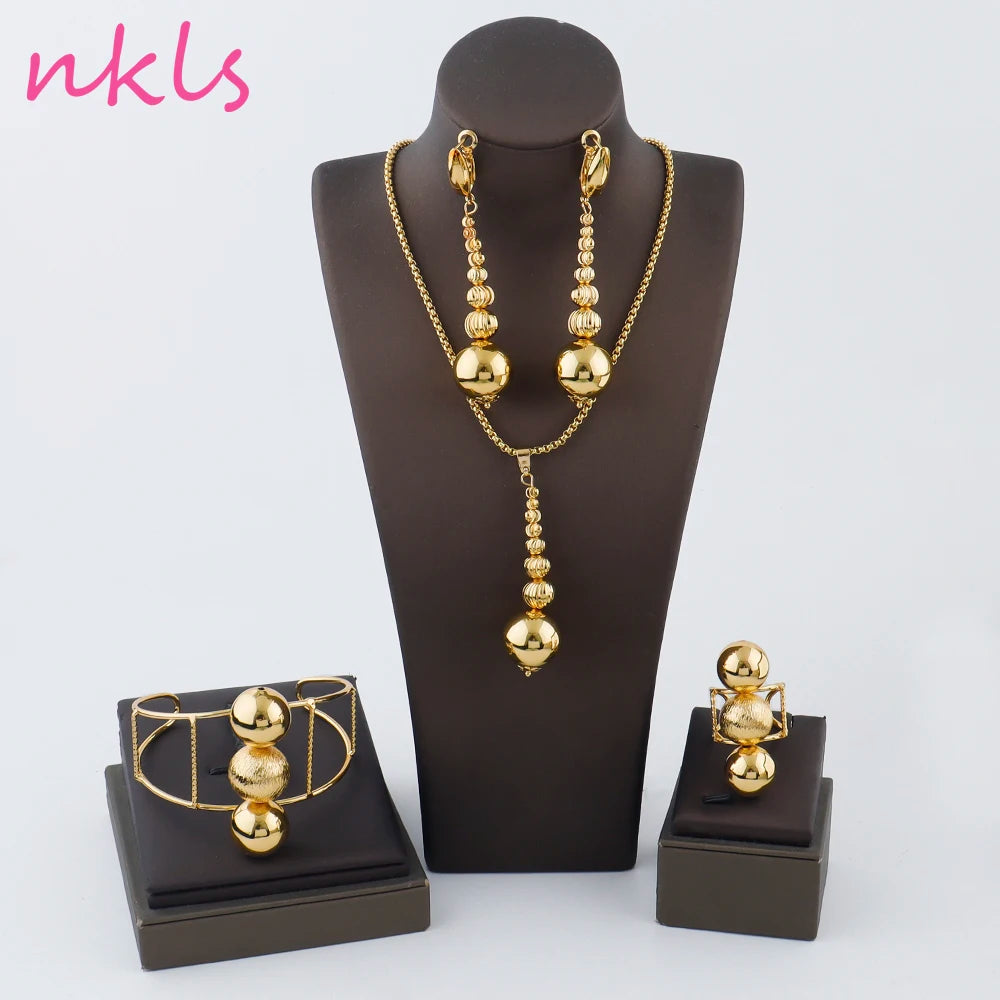 Dubai Beads Design Earrings Pendant Bangle Ring Lady Elegant Jewelry Set Luxury Copper Gold Plated Vintage Jewelry Set for Women