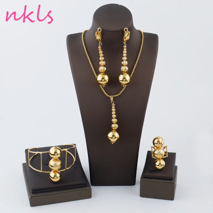 Dubai Beads Design Earrings Pendant Bangle Ring Lady Elegant Jewelry Set Luxury Copper Gold Plated Vintage Jewelry Set for Women