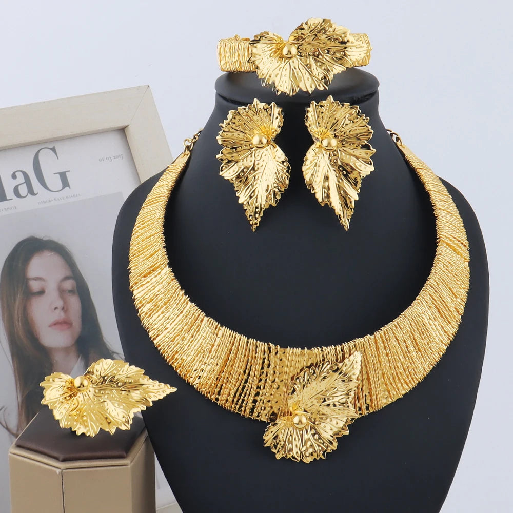 Dubai  Leaf Earrings & Thick Collar Necklace Jewelry Set for Women, Cuban Link Bangle Ring Gift Wedding Accessories