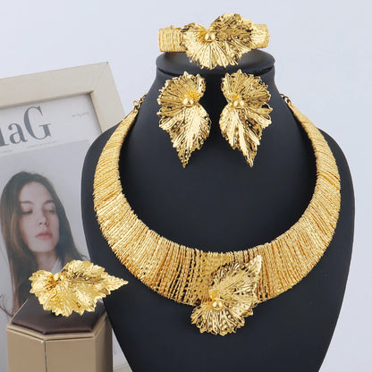 Dubai  Leaf Earrings & Thick Collar Necklace Jewelry Set for Women, Cuban Link Bangle Ring Gift Wedding Accessories
