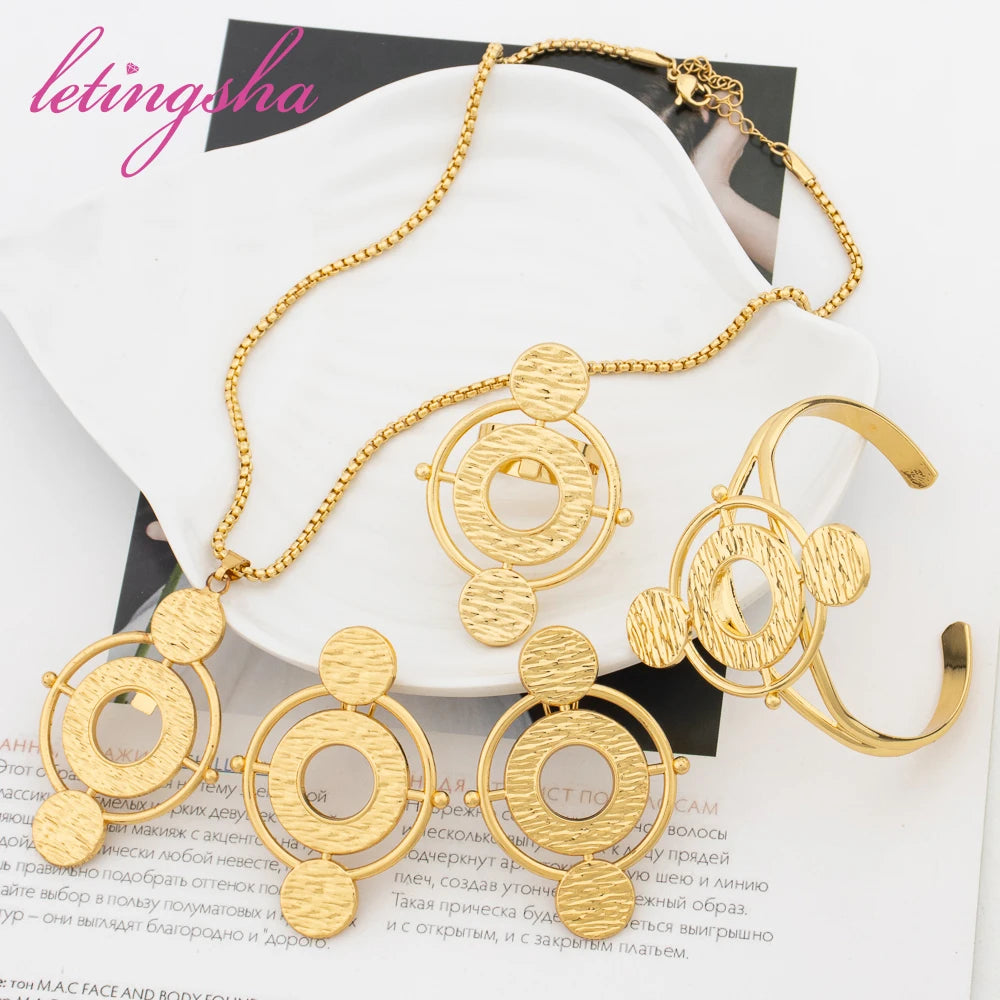 Trendy Necklace Pendant Fashion Jewelry Set Italy Earrings Bangle Ring Dubai Arab Luxury Gold Color Jewelry Set for Women