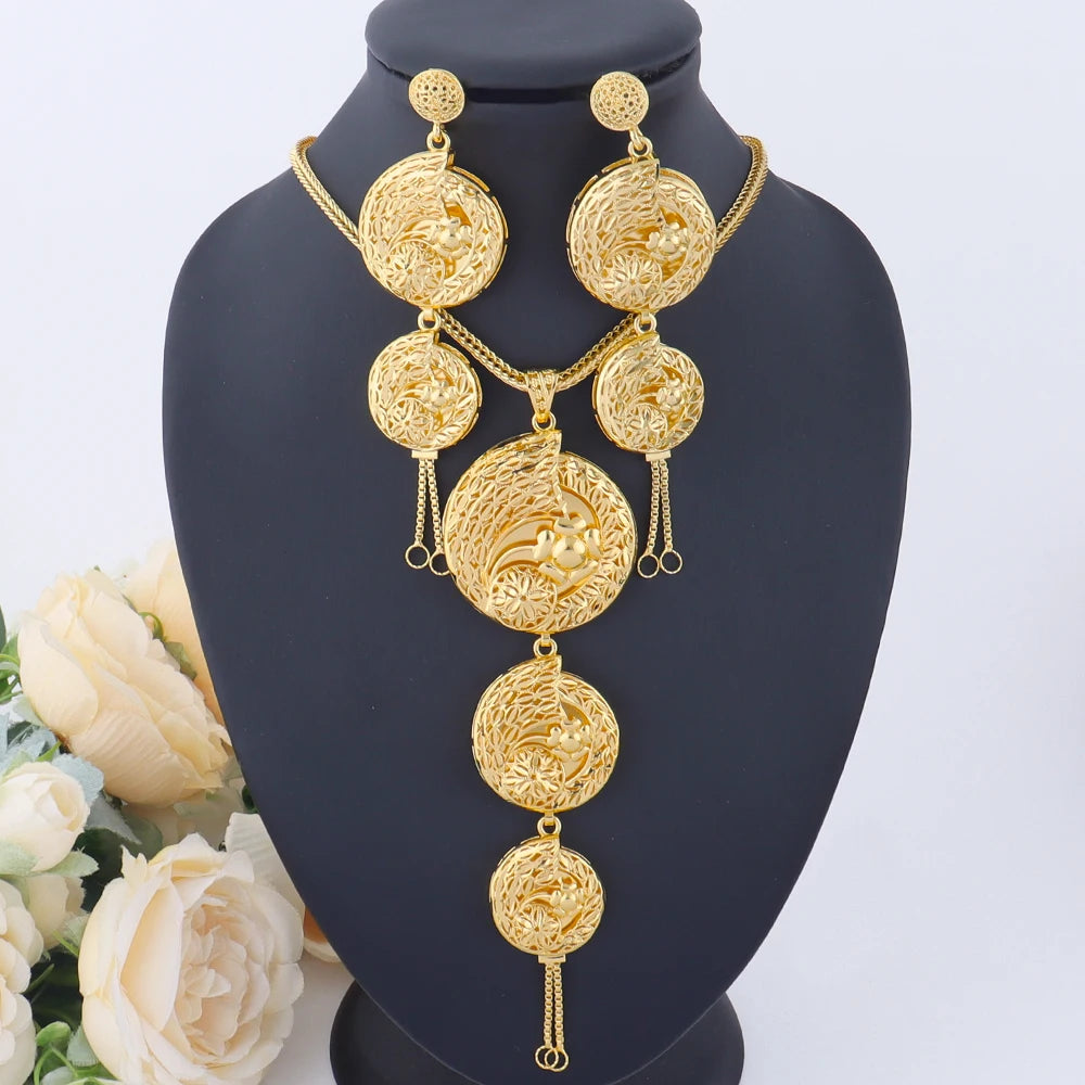 18K Gold Plated Dubai Inspired Jewelry Set for Women with Complex Flower Design Chain Necklace Charms Earrings - Perfect for Par