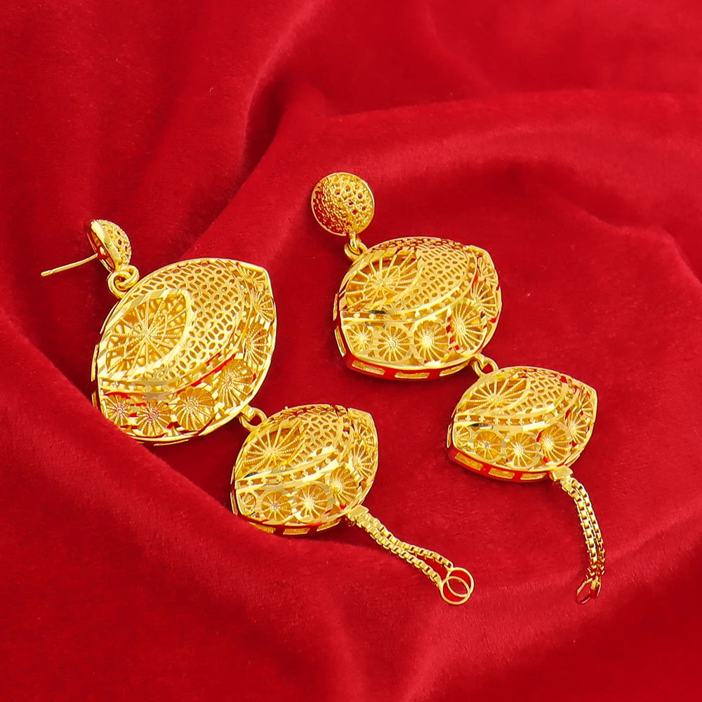 Dubai Hollow Design 18K Gold Plated Chain Necklace Charms Earrings for Women Jewelry Set for Daily Wear Party Wedding Gift