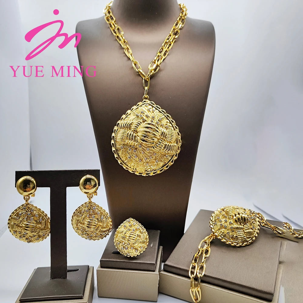 Nigeria Jewelry Sets for Wome Big Pendant Fashion Bridal Gold Color High Quality Necklace Earrings Bracelet Ring Party Jewellery