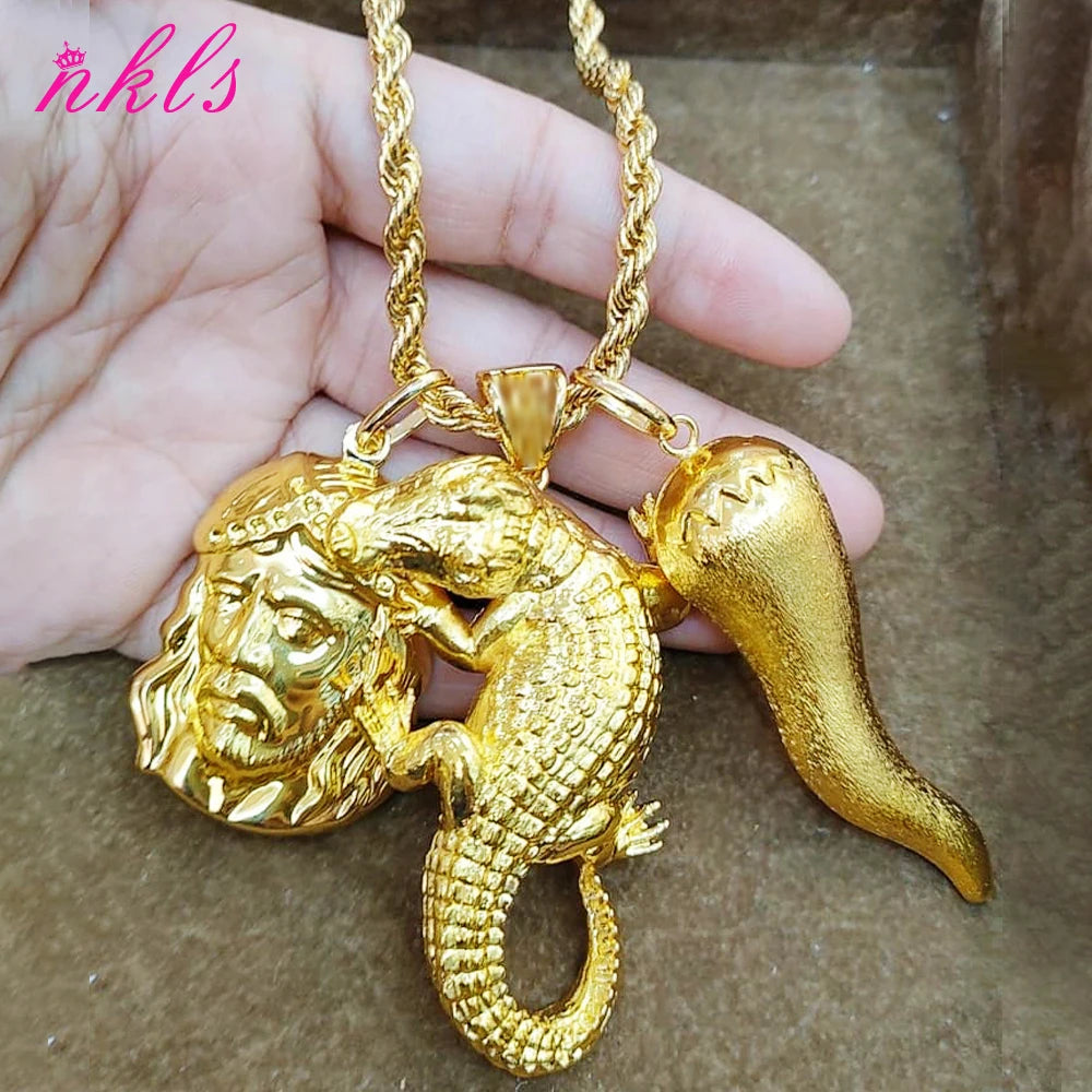 Plated African Dubai Men Head Pendant Necklace 60cm Chain Hip Hop Jewelry Gift