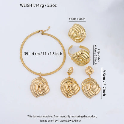 Dubai Gold Color Jewelry Set for Bridal 18k Gold Plated Big Necklace and Stud Earrings African Elegant Party Bangle Ring Jewelry