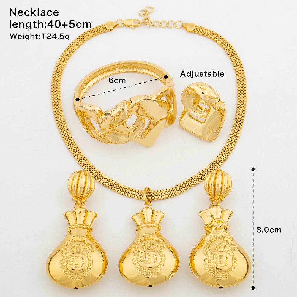 African Gold Color Jewelry Set for Women Drop Earrings and Pendant Necklace Dubai Bangle Ring 4Pcs Set for Anniversary Jewelry