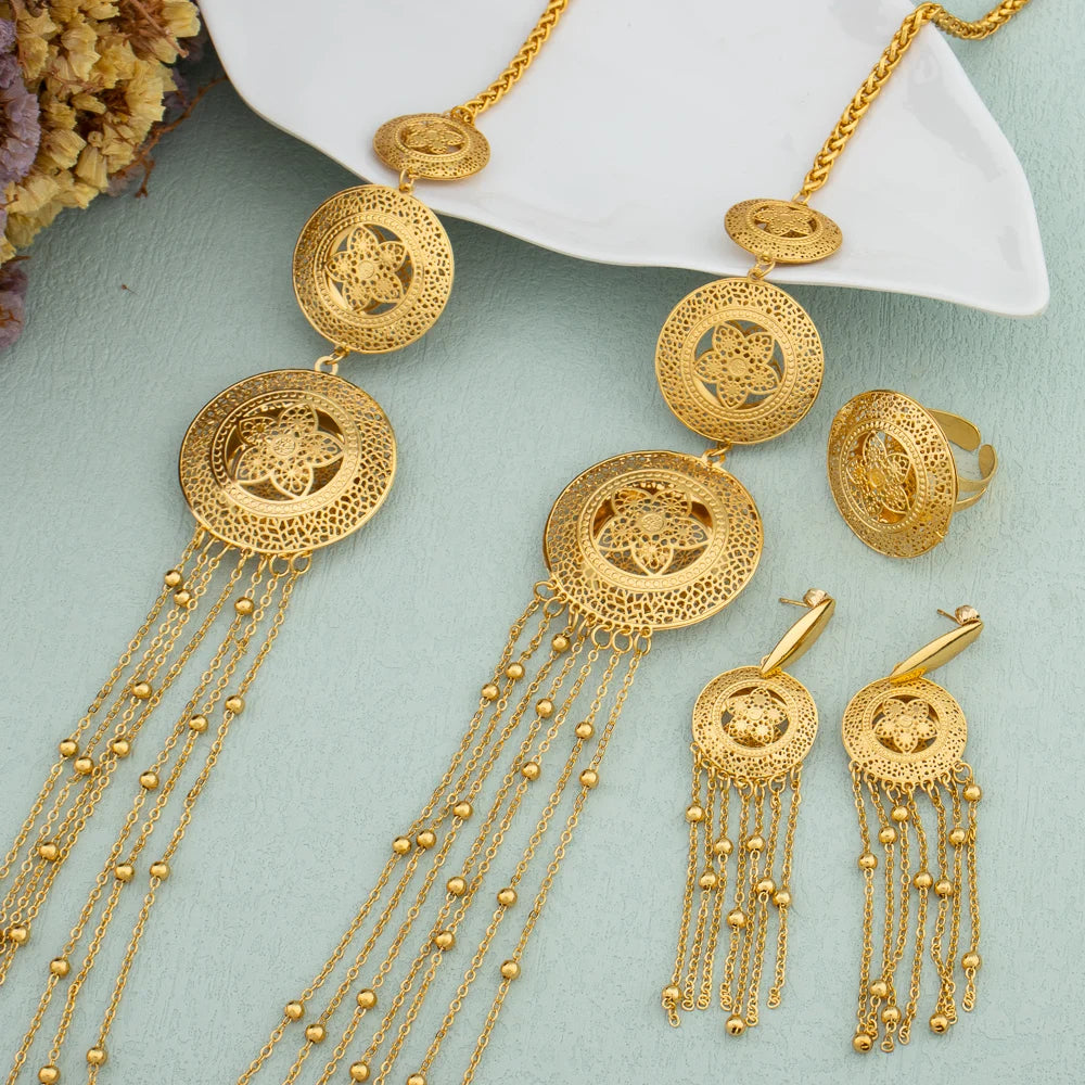 18K Gold Plated Long Bead Chain Jewelry Set for Women Bride Dubai African Tassel Earrings Necklace Ring Flower Design Jewelry