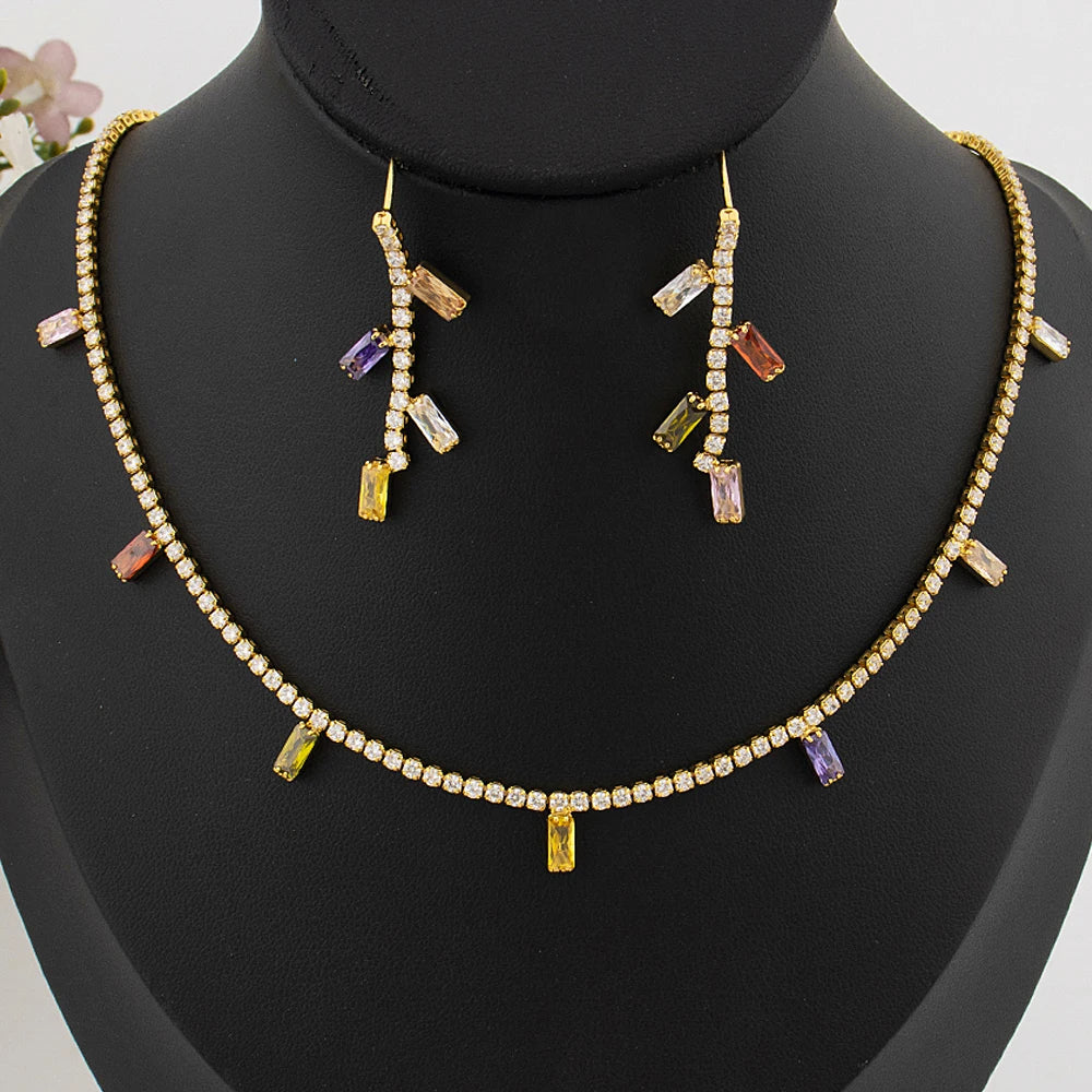 Woman Gold Color Earrings Necklace Italy Bohemia Style Jewelry Set France Elegant Square Zircon Jewelry Set For Party Dating