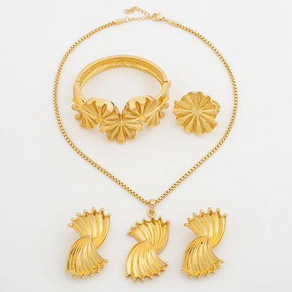 Trend Gold Color Jewelry Set for Women Pendant Necklace and Clip Earrings Weddings Bridal Bangle Ring 4Pcs Set for Party Gifts