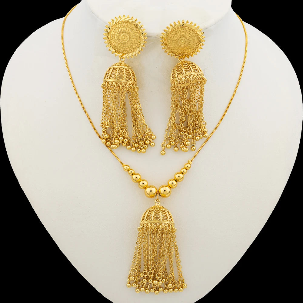 Nigerian Gold Color Jewelry Set for Women Hoop Earrings and Necklace Ethiopia Tassel Design Party Gifts Engagement Accessories