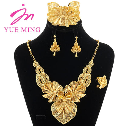 YM Necklace For Women Dubai Gold Plated Jewelry Set Original Flower Shape Earrings Rings Bracelets Wedding Gifts Nigeria Bangles - YUEMING JEWELRY