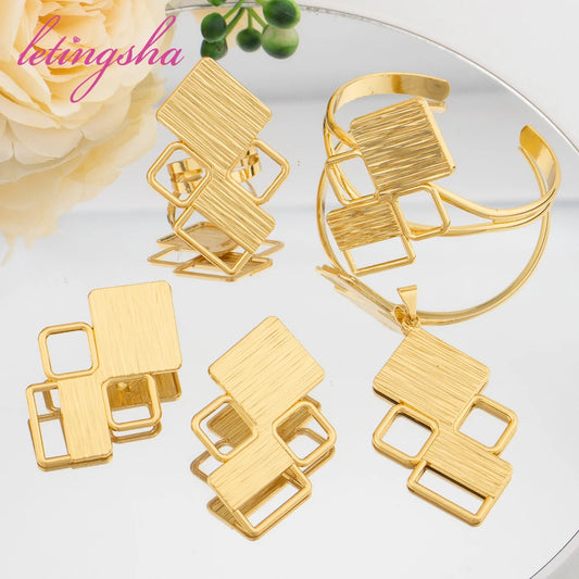 Italy Gold Color Fashion Geometry Pendant Earrings Bangle Rings Set African Dubai Fashion Jewelry Set Women Jewellery for Party