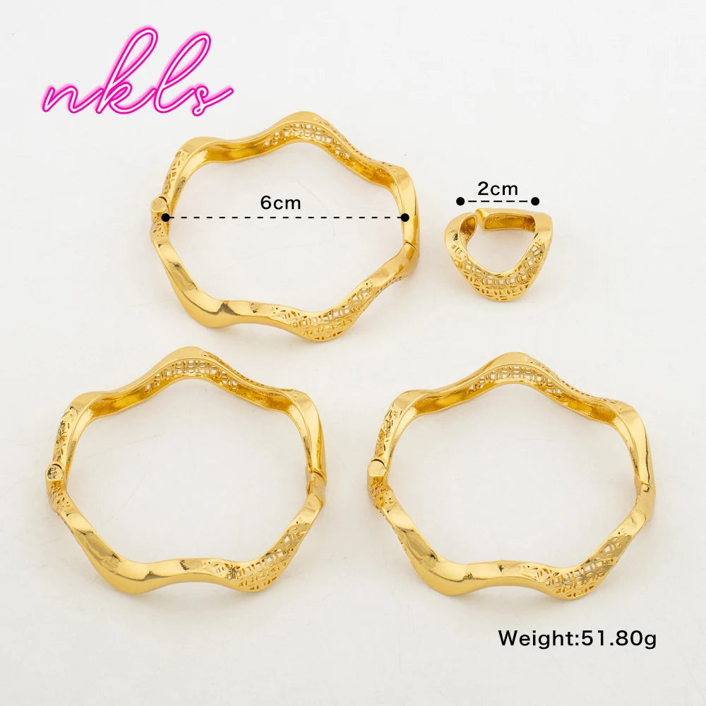 18K Gold Plated Brass Luxury Cuff Bangle & Ring Set, Saudi Vintage Wedding Jewelry for Women, Elegant Jewelry Women Set