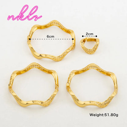 18K Gold Plated Brass Luxury Cuff Bangle & Ring Set, Saudi Vintage Wedding Jewelry for Women, Elegant Jewelry Women Set