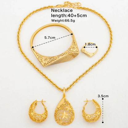 Trend Gold Color Jewelry Set for Party Water Drop Design Earrings and Pendant Necklace Bracelet Ring Set for Engagement Jewelry