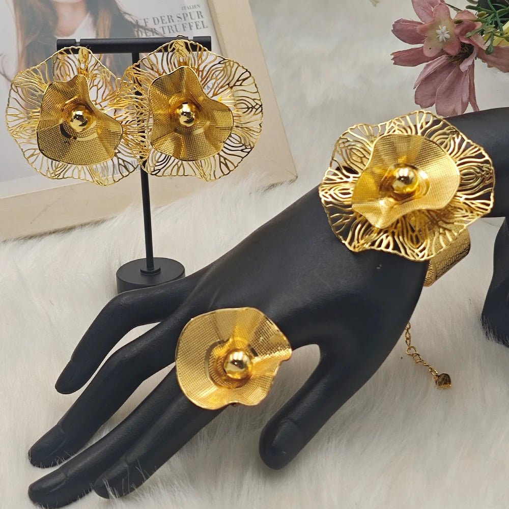 African-Inspired Gold-Tone Cuff Bangle & Ring Set for Women, Minimalist Luxury Daily Wear Jewelry Gift, Ethnic Chic Style