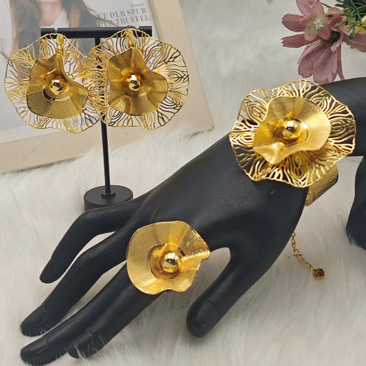 African-Inspired Gold-Tone Cuff Bangle & Ring Set for Women, Minimalist Luxury Daily Wear Jewelry Gift, Ethnic Chic Style
