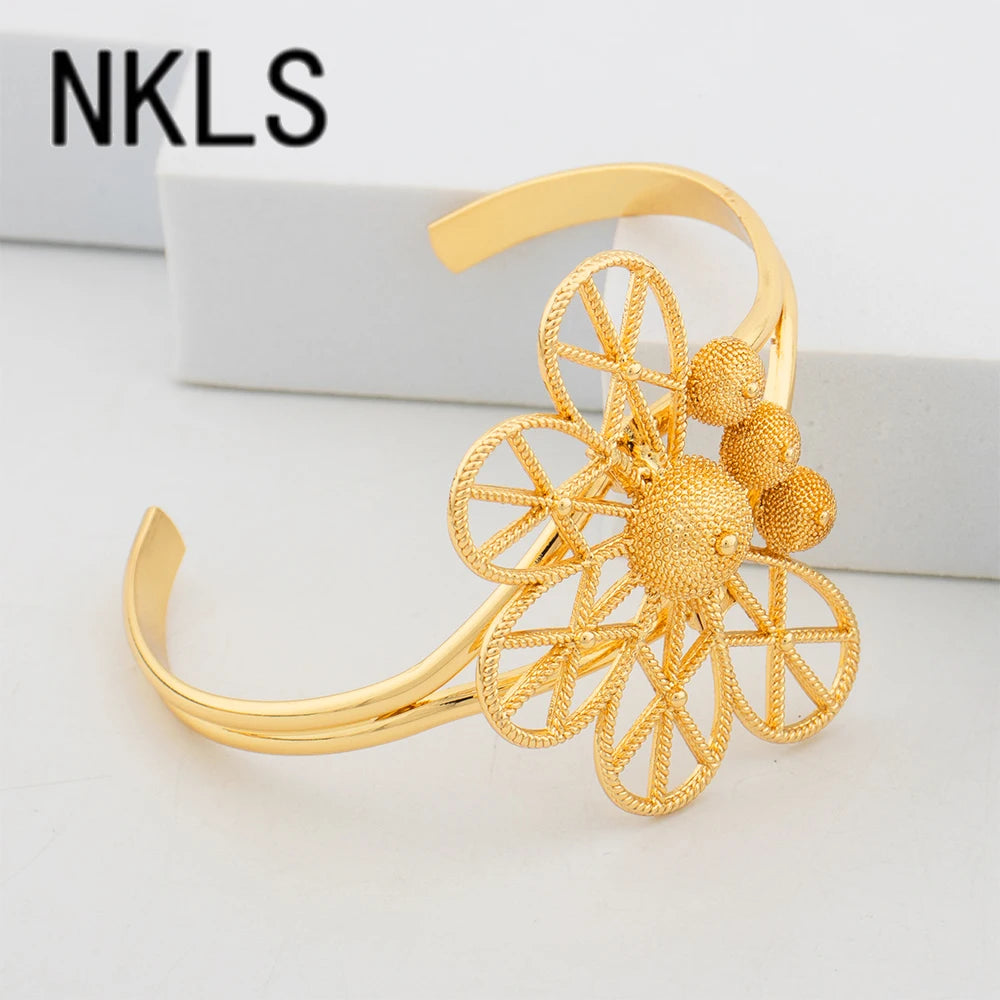 24K African Cuff Bangle Ring Set – 18K Gold Plated Beads Design Jewelry for Dubai Engagement Gifts jewellery woman jewelry sets