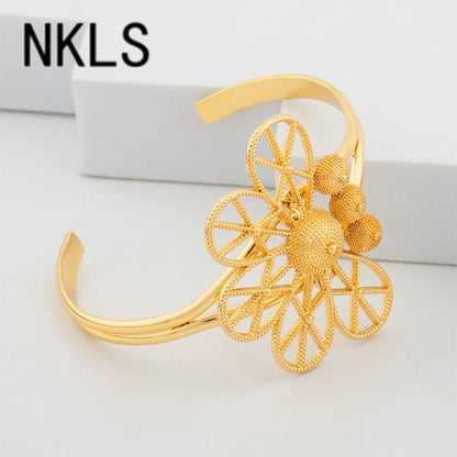 24K African Cuff Bangle Ring Set – 18K Gold Plated Beads Design Jewelry for Dubai Engagement Gifts jewellery woman jewelry sets