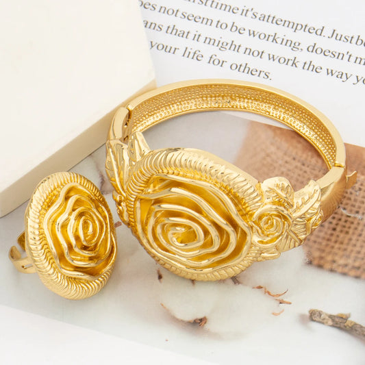Brazilian Gold Plated Bangle with Ring Jewelry for Ladies Exquisite Flower Design Hand Bracelet Finger Ring 2Pcs Set for Party