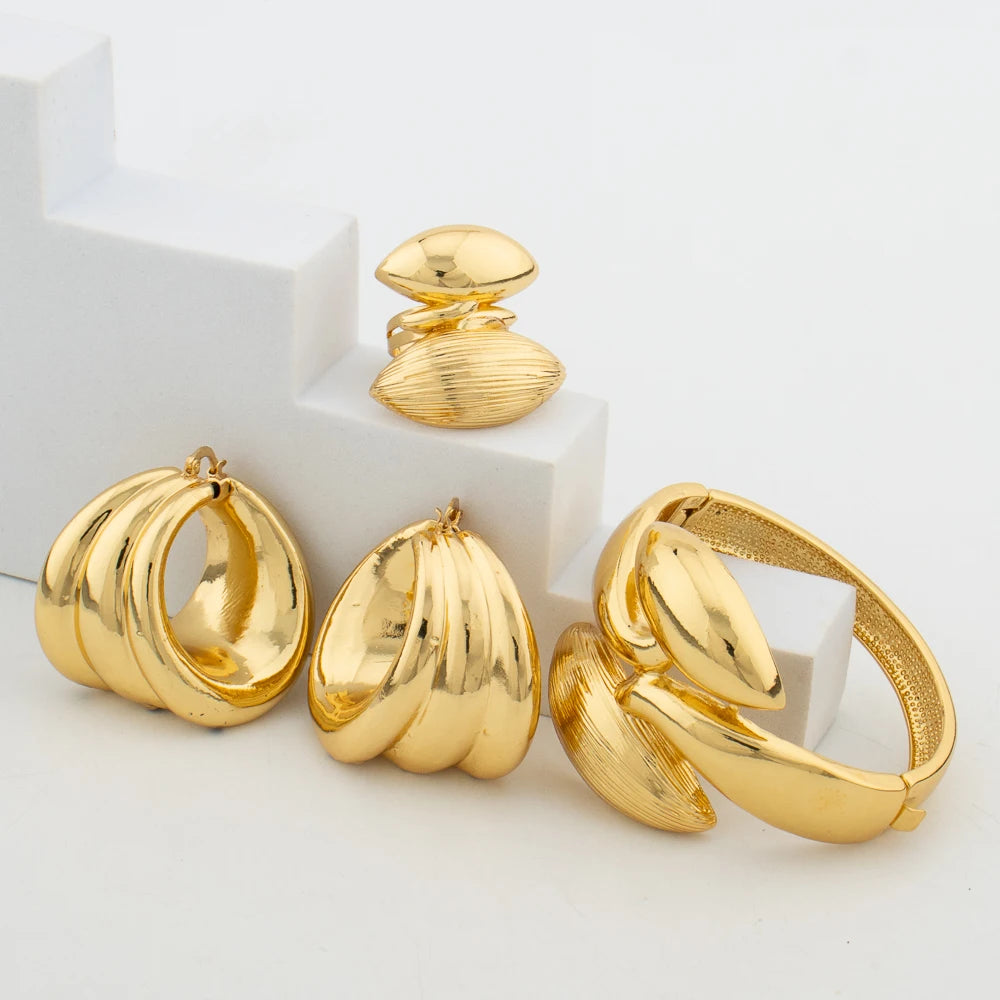 Hoop Earrings and Bangle Ring Jewelry Set for African 18k Gold Color Dangle Earrings Weddings Bridal Earrings Bangle Jewelry Set