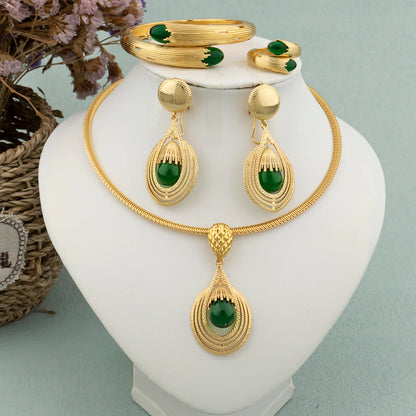 4 pcs Women Dubai Jewelry Sets Italy Drop Earrings 18K Gold Plated Female Necklace Bracelet Ring Engagement Bridal Jewelry Gift