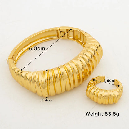 Dubai Gold Plated Bangles Rings Set for Women Thick Stripes Charm Bracelet Open Ring Nigerian Wedding Jewelry Anniversary Gifts