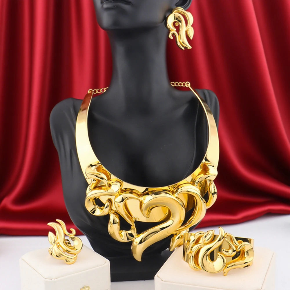 Elegant Wedding Jewelry Set for Women Gold Plated Necklace Copper Color Earrings Bracelet Ring African Bridal Party Gift Jewelle