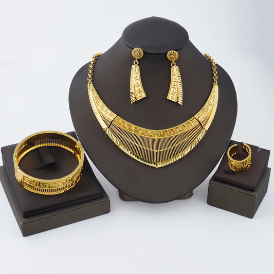 France Luxury 24k Gold Color Jewelry Set For Women Dubai Bridal Wedding Necklace Earrings Bracelet Ring Sets  Anniversary Gifts