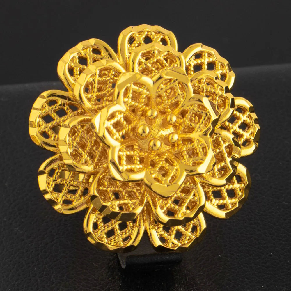 Ethiopia Dubai Flower Gold Color Arab Rings Resizable For Women 18K Gold Plated Wedding Jewelry African Party Gift