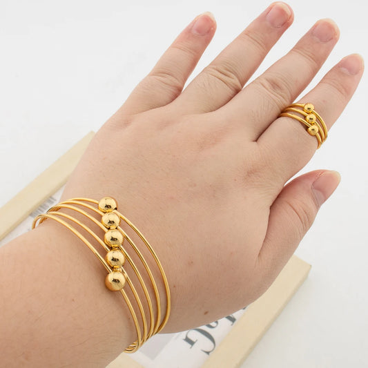 Trend 18k Gold Color Bangle Ring Set for Party Layers Design Hand Bracelet and Ring Weddings Bridal Jewelry Accessories Gifts
