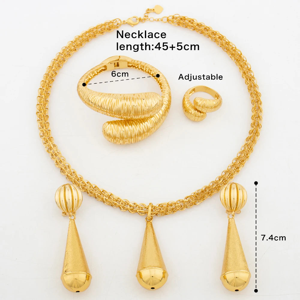 Dubai Necklace Earrings Jewelry Set for Women 45cm Chain African Gold Color Bracelet Ring for Sexy Party Queen Fashion Jewelry