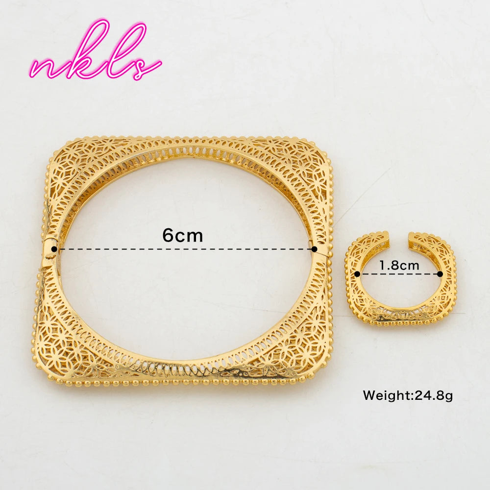 Plated Bangles with Rings 2Pcs Jewelry Set for Women Dubai Copper Bracelets African Charm Luxury Wedding Banquet Gifts