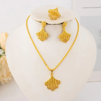 Luxury Women's Hollow Jewelry Set Dubai Middle Eastern Earrings Ring Nigerian Necklace Wedding Party Favors