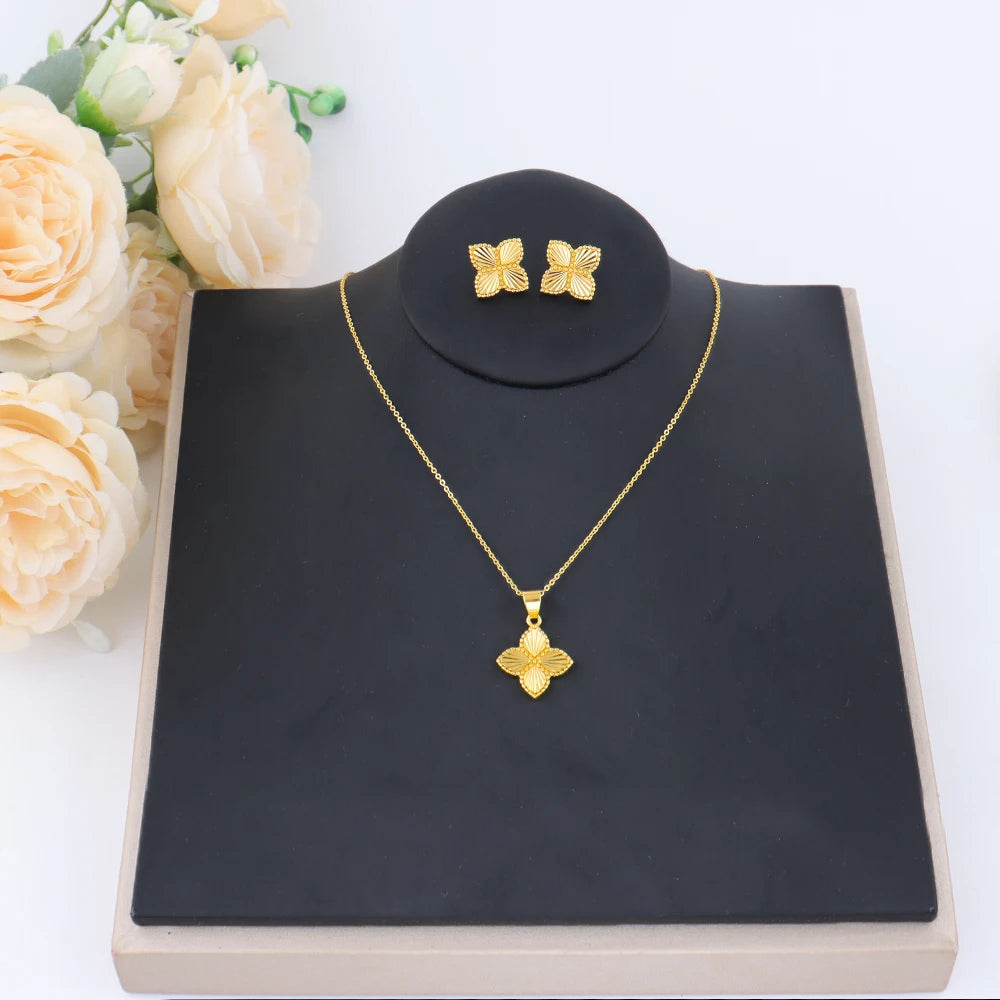 Color Lucky Clover Pendant Necklace & Earrings Set for Women, Fine Stainless Steel Jewelry Gift for Wedding Party, Eleg
