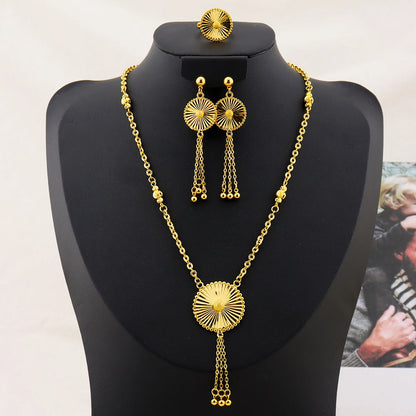 Fashion Gold Color Rotundity Earrings Set 24k Gold Plated Arabic Tassel Necklace Ring Women Wedding Party Ramadan Jewelry Set