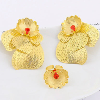 Dubai Hollow Earrings & Ring 2Pcs Set for Women, Trendy Party Wedding Valentine Gift, Elegant Earring Set Jewelry