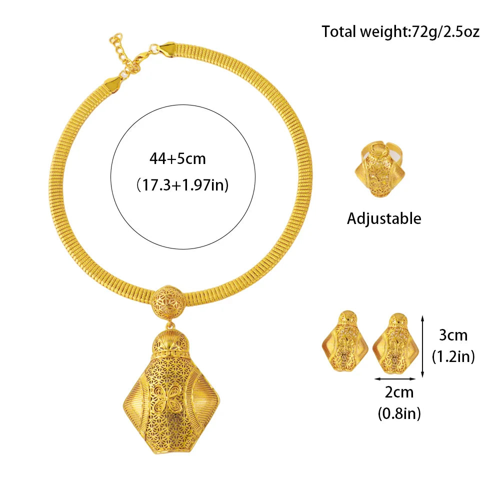 2025 Dubai -Plated Luxury 3Pcs Jewelry Set for Women – Elegant Necklace, Ring & Earrings, Bridal Gift for Nigeria Weddi