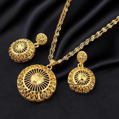Dubai 24K Gold Color Warped Geometry Necklace Earrings Set For Women Two Piece Jewelry Wedding Party Gift Accessories Wholesale