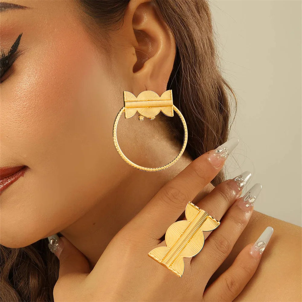 18k Gold Color Earrings with Ring Jewelry Set for Party African Weddings Bridal Clip Earrings Finger Ring Set for Ethiopia Gift