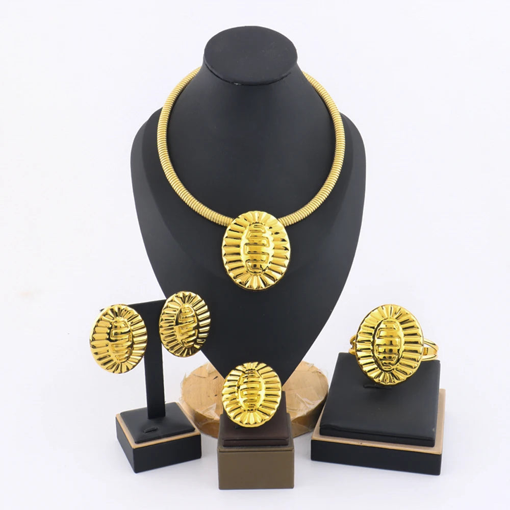 gold jewelry sets for woman Elliptical Bangle Ring necklace and earrings set Trendy Sets Gift For African Party Wedding