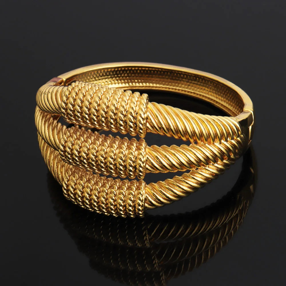 Bangle with Ring Jewelry Set for Party African 18k Gold Color Hand Bracelet Cocktail Ring 2Pcs Set for Engagement Jewelry Gifts