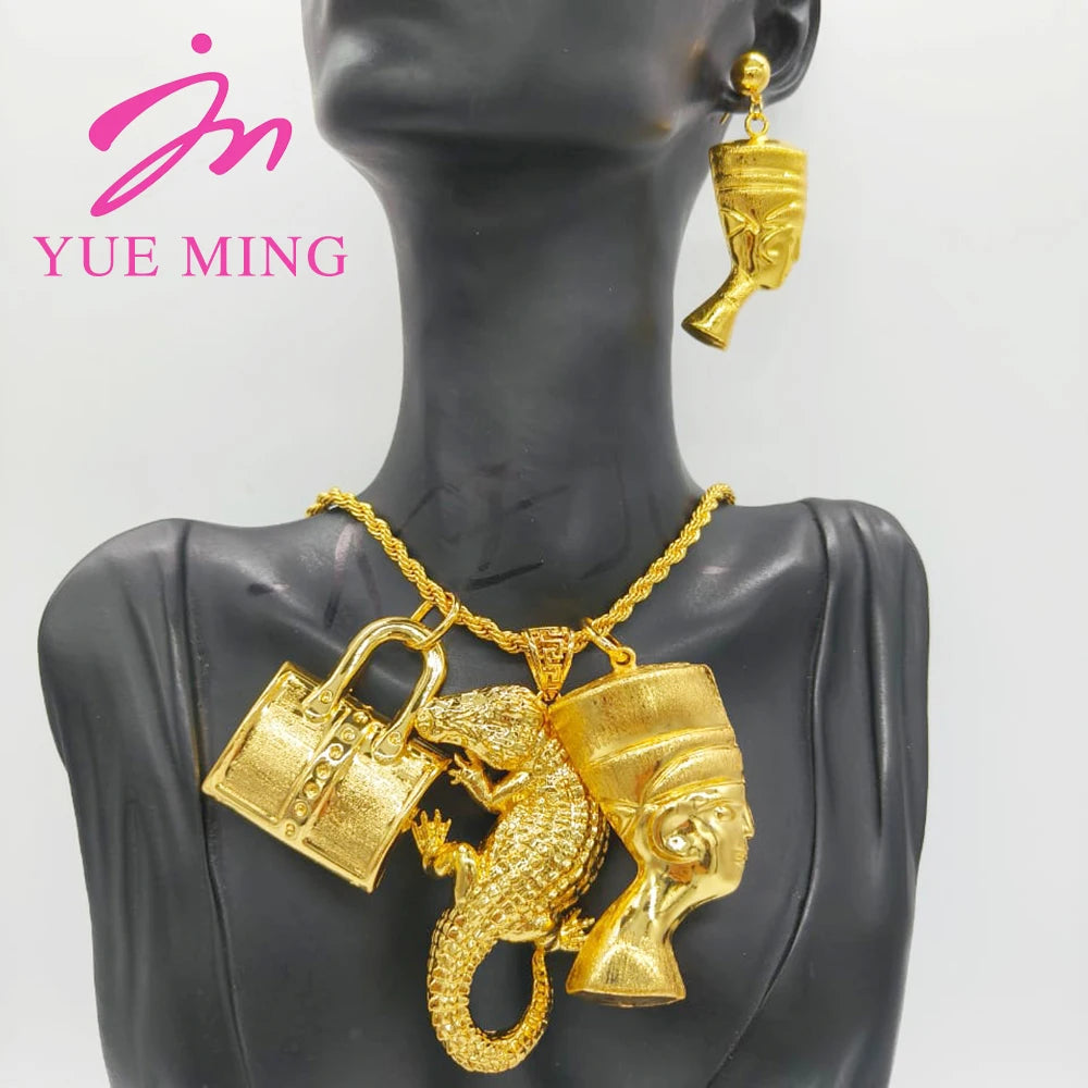 YM Egyptian Pharaoh Pendant with 60cm Necklace Dubai 18k Gold Plated Bear Drop Earrings Copper Jewelry Sets Wholesale Jewellery - YUEMING JEWELRY