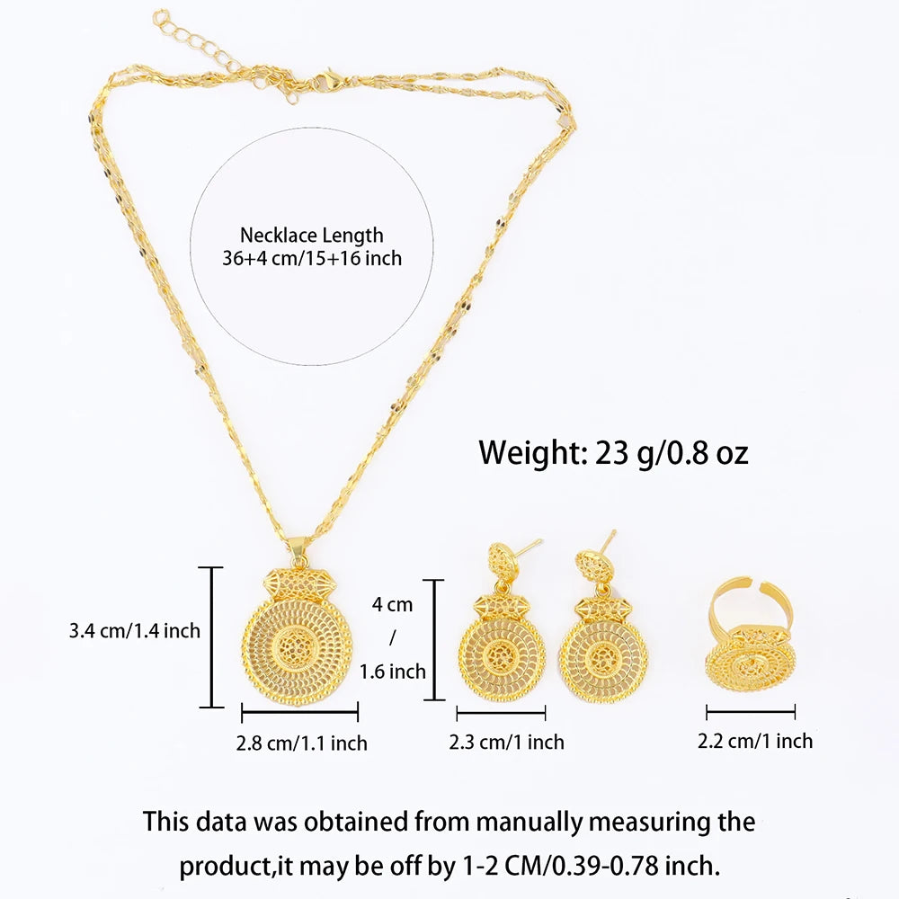 24k plated jewelry gifts ethiopian hollowing out Necklace and earrings rings set for women high quality plated jewelry sets gift