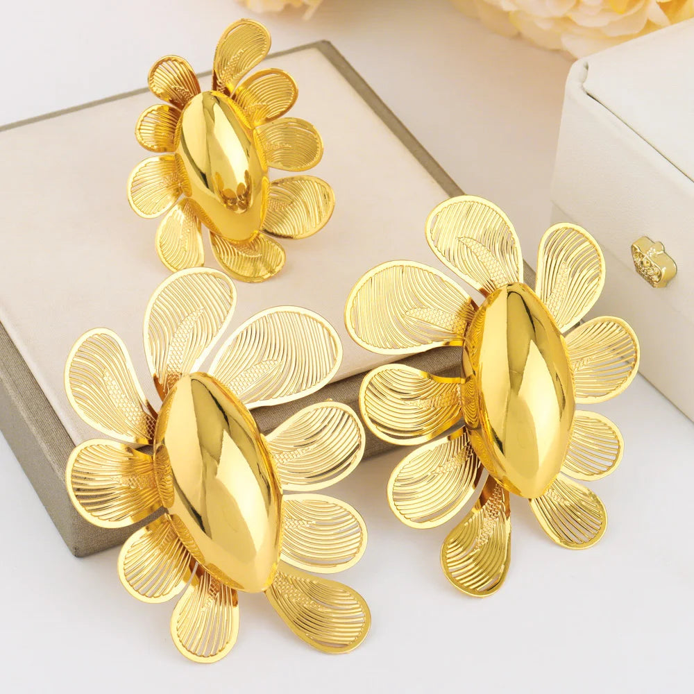2025 New Trend Gold Color Ring and Earrings For Women Europe and America Exaggerated Hollow Out Jewelry Set For Party Wedding