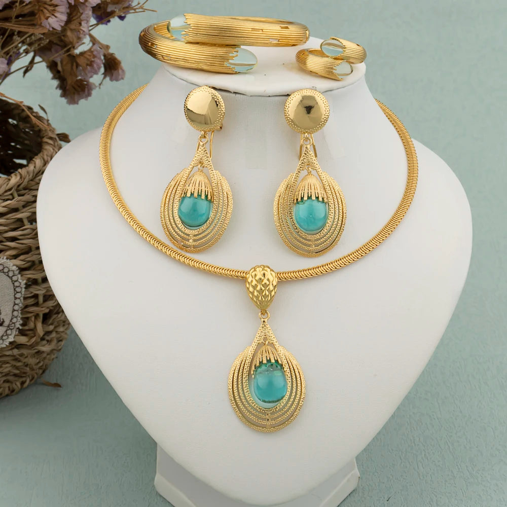 4 pcs Women Dubai Jewelry Sets Italy Drop Earrings 18K Gold Plated Female Necklace Bracelet Ring Engagement Bridal Jewelry Gift